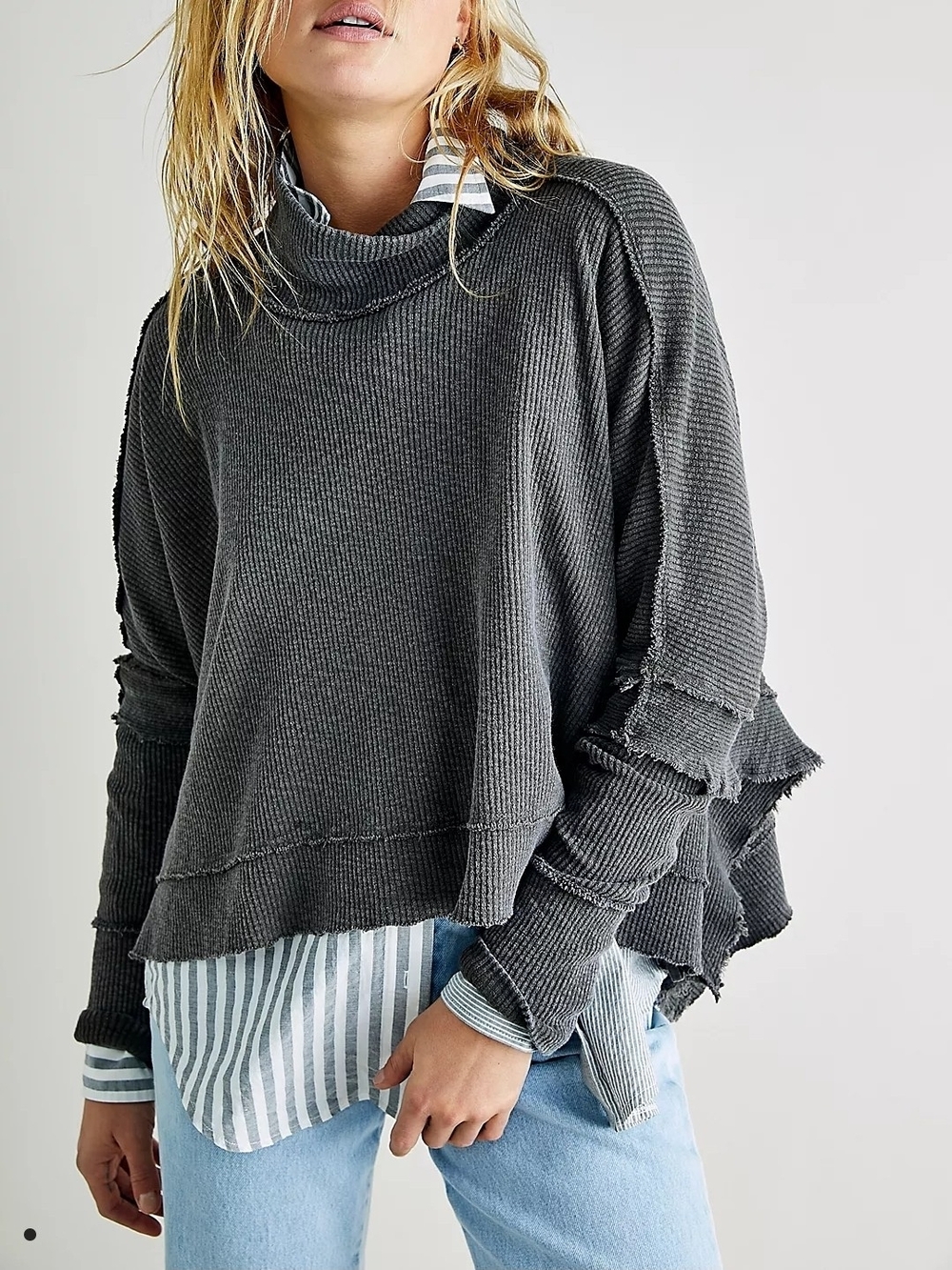 We The Free Charcoal Raw-Edge Waffle Turtleneck Sweater